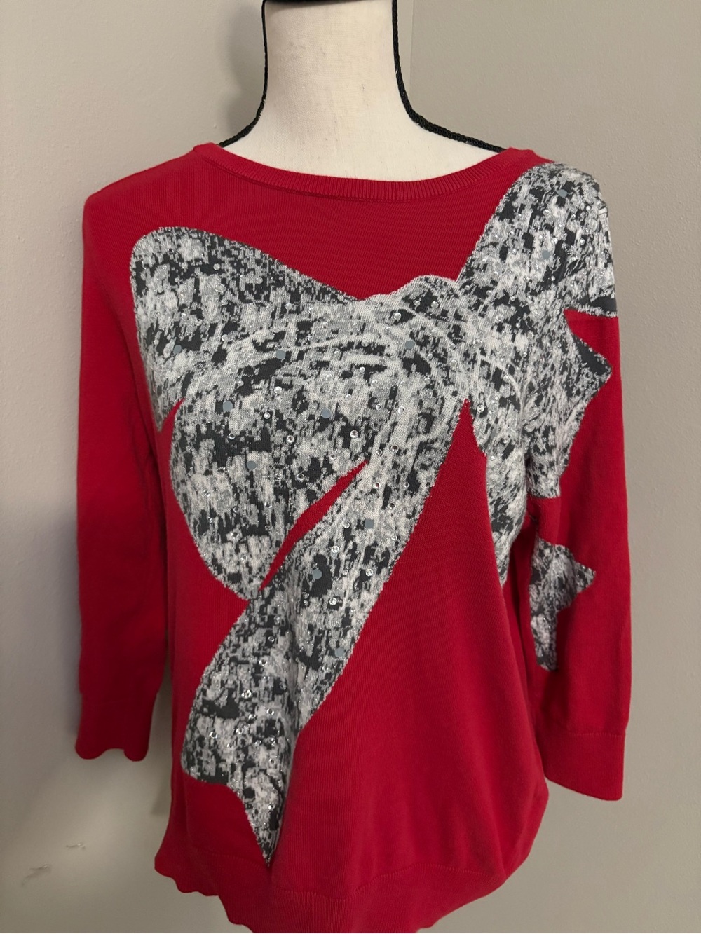 Festive Red Sweater with Silver Bow Graphic